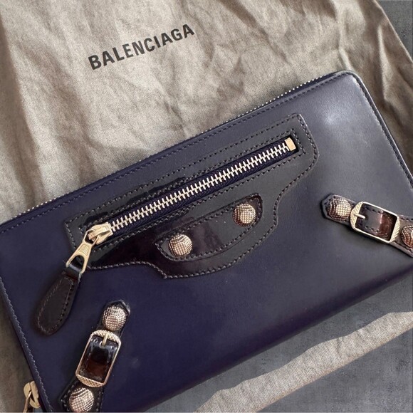 BALENCIAGA Purple Leather & Patent Leather Silver Stud Zip Around Wallet - Picture 4 of 10